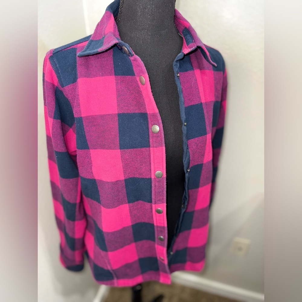 Orvis Pink Navy Buffalo Plaid Flannel Shirt Snap Western Grunge Y2K- Medium - Picture 4 of 9